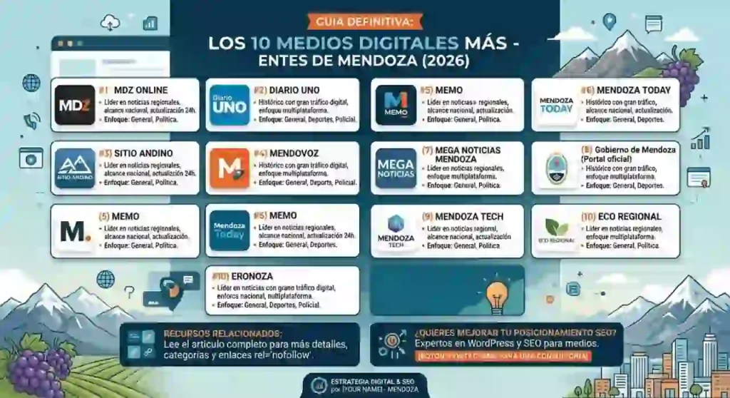 Los Andes: Líder indiscutido con un crecimiento del 10% en audiencia mensual. Diario UNO: Referente nacional con más de 4,4 millones de usuarios únicos. Sitio Andino: Portal clave para la actualización política y regional. Mendoza Post: Análisis profundo enfocado en economía y política provincial. Memo: Medio especializado en análisis económico de alto nivel. Mendoza Today: Destacado por su impacto digital, tendencias y cobertura local. El Sol: Cobertura constante de la actualidad con gran tradición. Mendovoz: Enfoque en la cercanía y noticias locales del Gran Mendoza. Prensa Gobierno de Mendoza: Canal oficial con alcance masivo. Mega Noticias: Referente informativo con despliegue en la Zona Este.